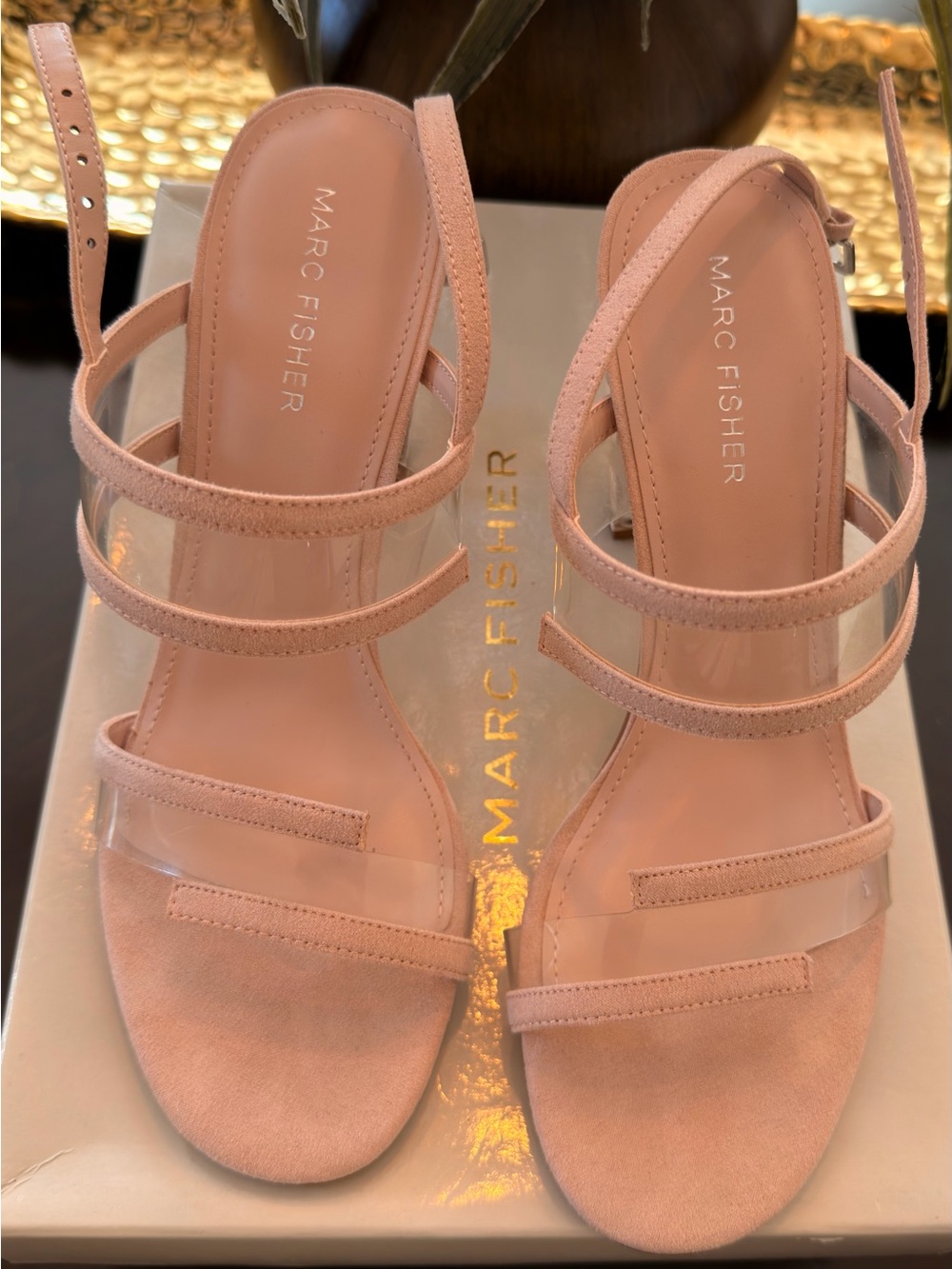 Marc Fisher Pink Suede & Clear Strap Block Heel Sandals - Picture 7 of 8